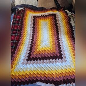 Vintage Hand-made Yellow and Brown Afghan - Retro Bohemian 1970s Style Crocheted